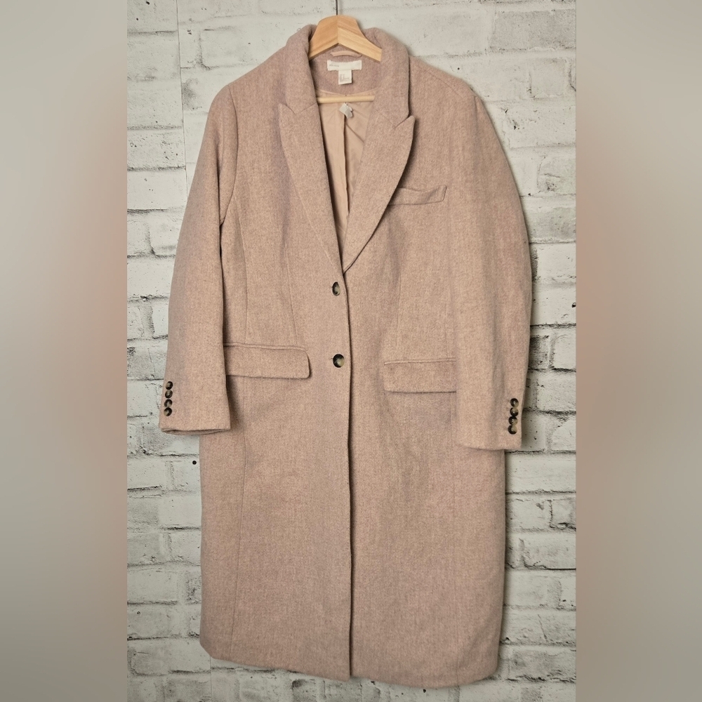 H&M Blush Pink Wool Blend Long Coat Notched Lapel Classic Fit Size 12 - NWT